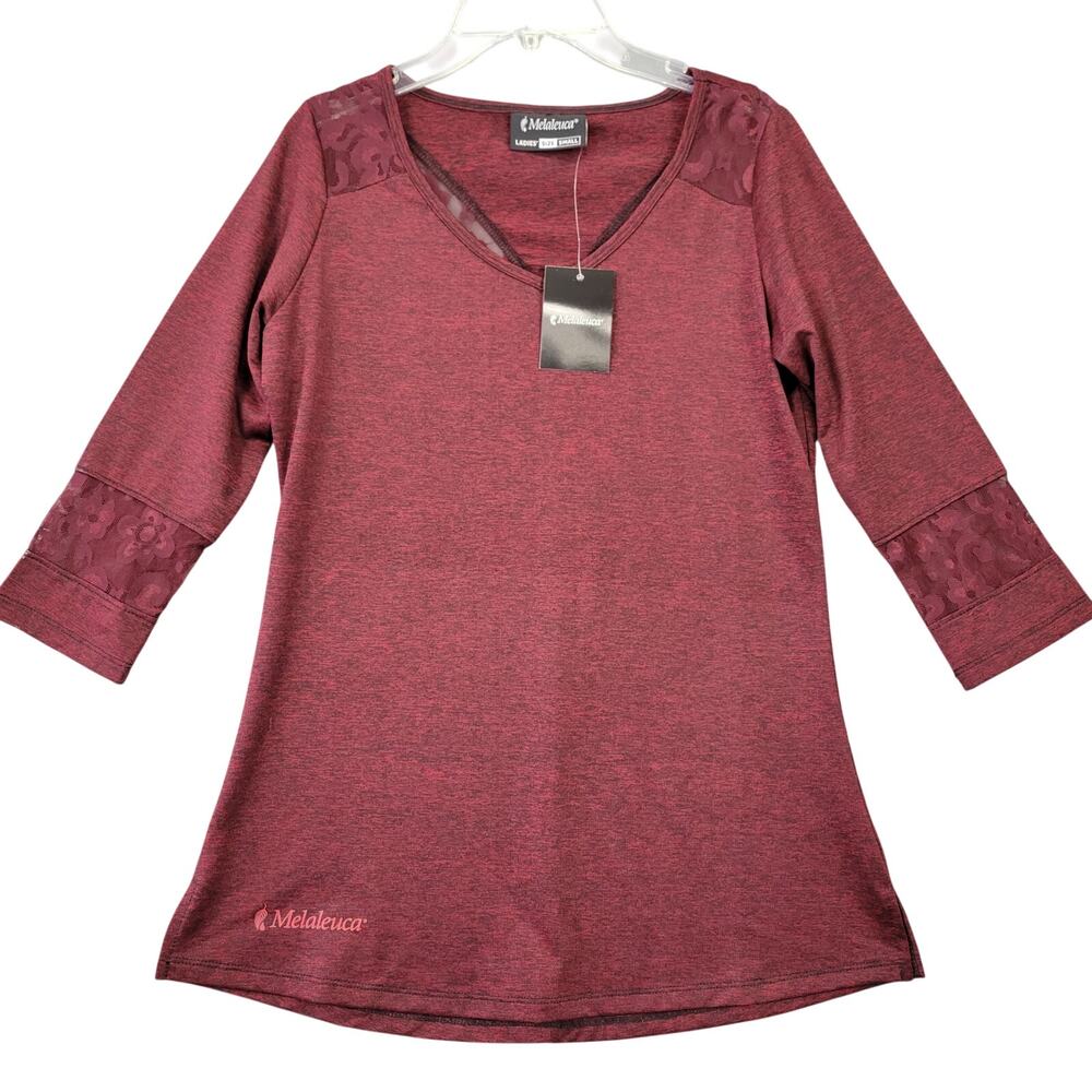 Melaleuca Purple Floral Lace Shirt NEW Stretch Blouse 3/4 Sleeves Women's Size S